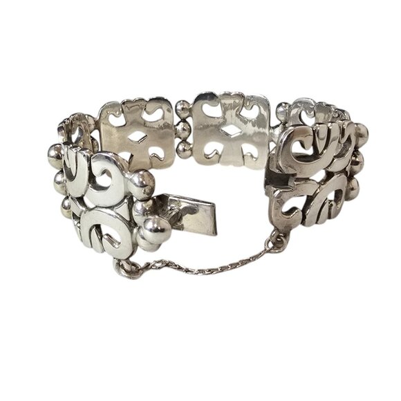 Vintage MWS Mexico Chunky 92g Sterling Silver Bracelet With Security Chain - Picture 3 of 5